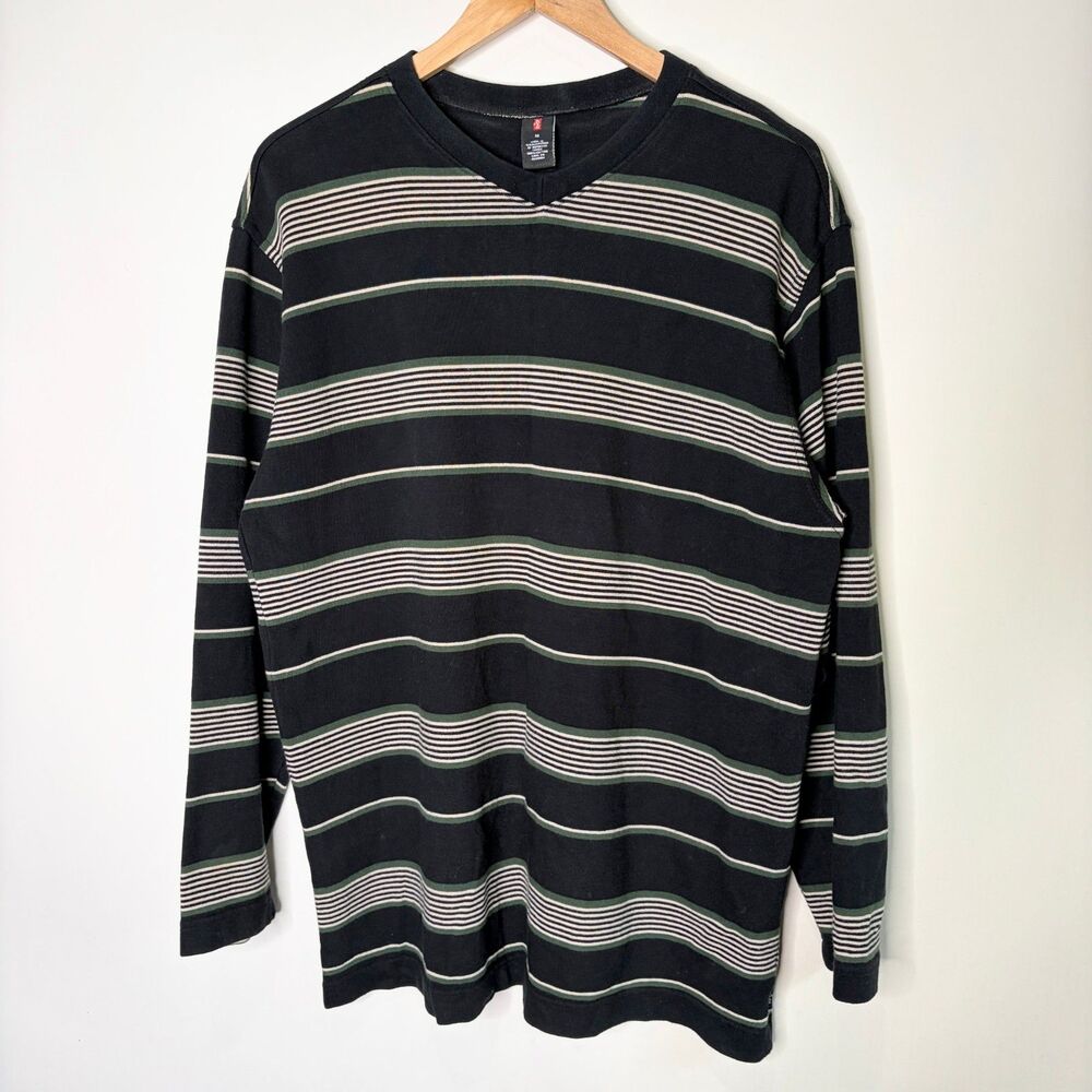 Vintage Levis Long Sleeve Striped Shirt Y2K Black Green Preppy V-Neck Men M